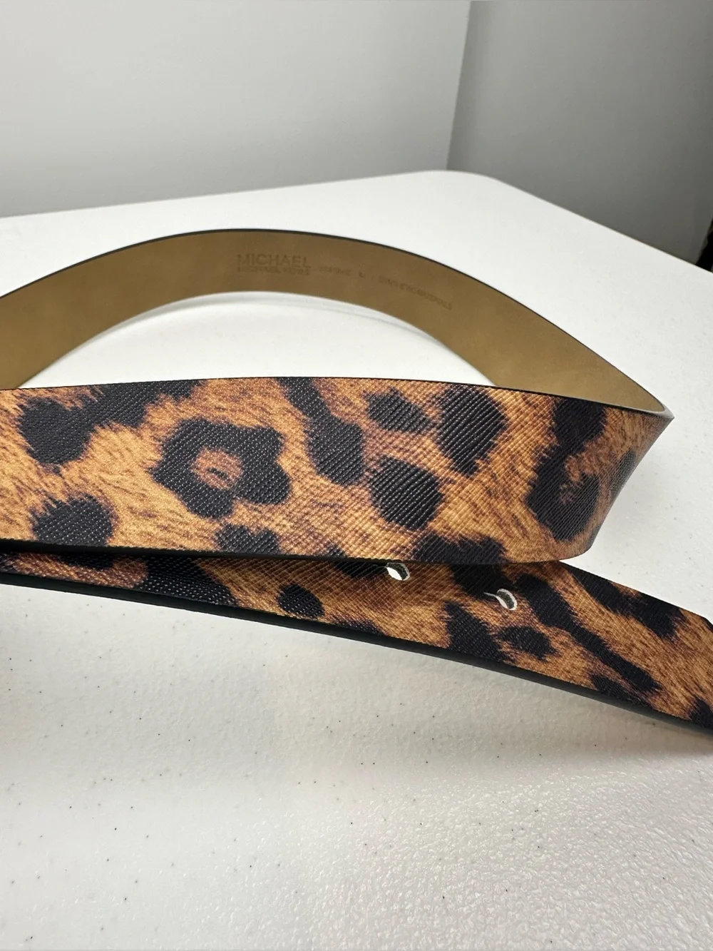 MICHAEL KORS WOMEN LEATHER BELT MK LOGO GOLD BUCKLE‎ CHEETAH LEOPARD PRINT Sz L